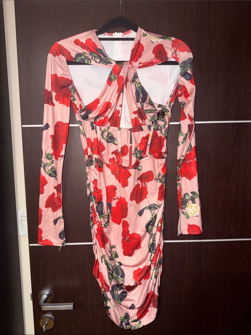 Pink Floral Cutout Long-Sleeve Midi Dress